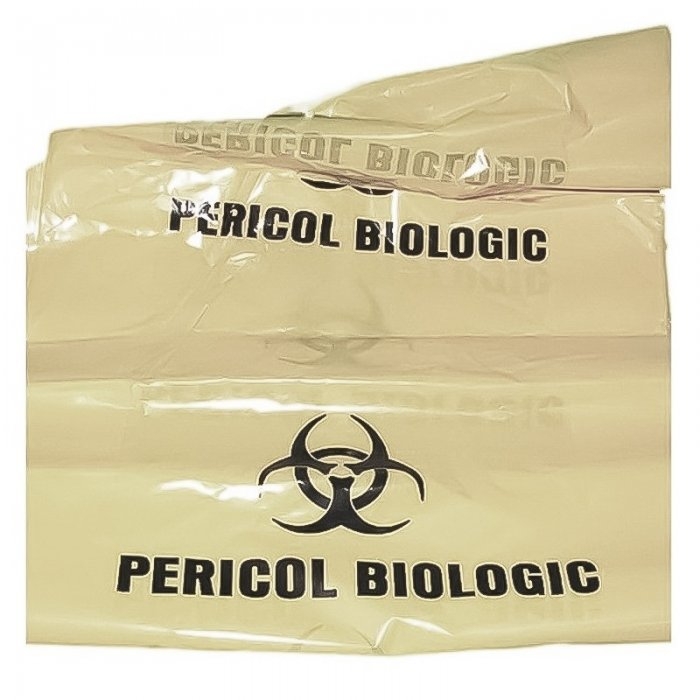 Saci Inscriptionati PERICOL BIOLOGIC Deschidere (mm) 550, Inaltime 1100 mm, Pliu 2 x 150 mm, Grosime 0.07 mm, Culoare Galben,...